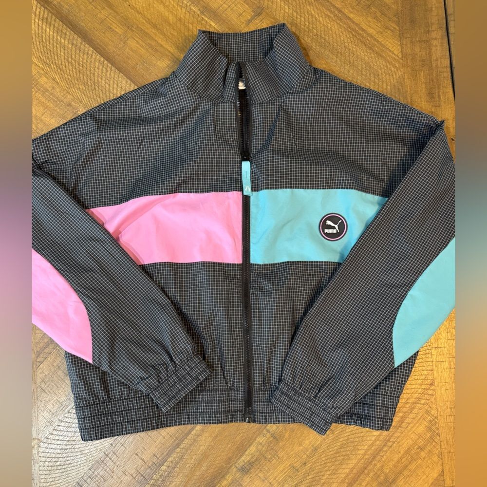 SOLD-Puma Checkered Color-block Track Jacket with Pink and Blue Accents Y2K - Picture 2 of 8